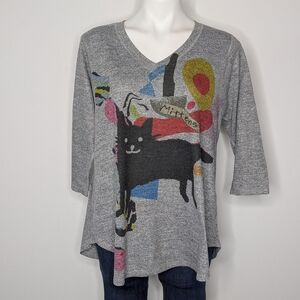 Inoah Grey Black Mittens The Cat Colorful Abstract  Lightweight V Neck Sweater L
